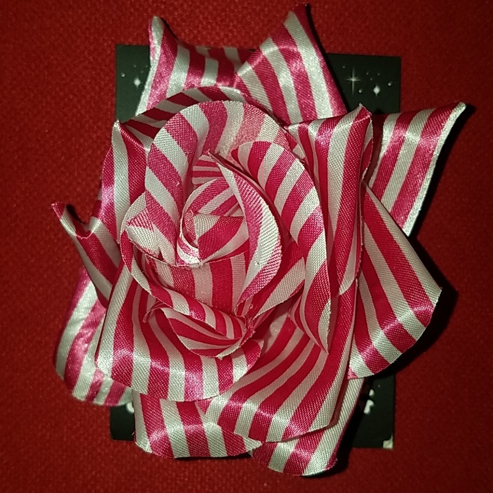 Sourpuss Pink White Stripe RockABilly 4" Satin Rose Hair Bow Alligator Clip